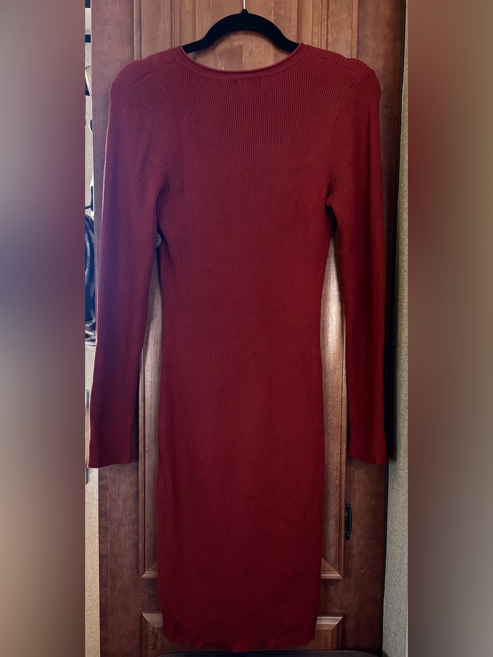Women’s SNDYS Long-Sleeve Ribbed Henley Dress- Burgundy - M - Picture 3 of 4